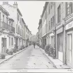 an old street is shown with people walking by