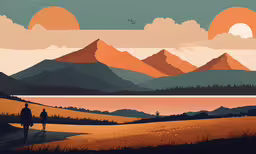 a man that is walking in the grass,a man walking towards some mountains in the sunset