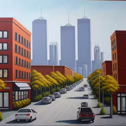 a painting of an urban area with cars and tall buildings