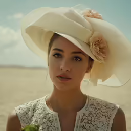 the woman in the white hat is wearing a flower