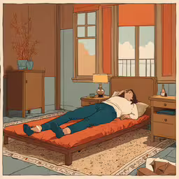 a painting of a person laying in a room with orange walls,illustration of a woman laying on the bed and sleeping