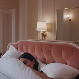 woman laying down with white pillows and a laptop on her side