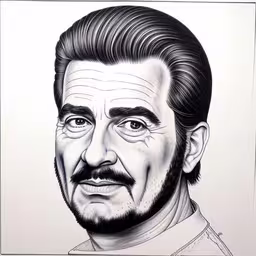drawing by a man of a bearded, bearded face,an artwork of a person wearing a suit and tie,a portrait drawing of a man,a man is drawn in this black and white photo,an image of a drawing of the face of a man with a mustache