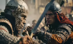 a man with chains holding a sword next to another man