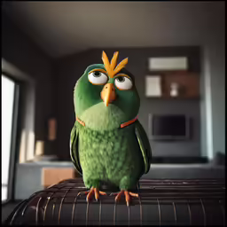 a bird sitting on the bottom of a metal counter