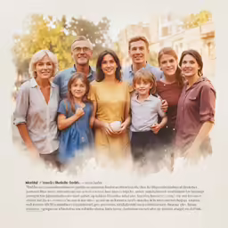 a family of five people and one child are standing in front of a building