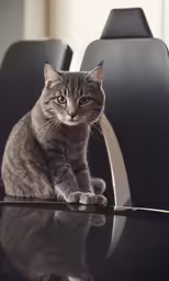 a cat is sitting in front of a desk