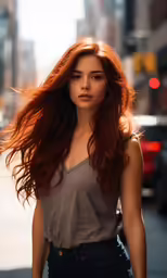 beautiful red haired woman in gray tank top walking down a street