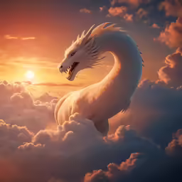 a white dragon is standing on top of the clouds