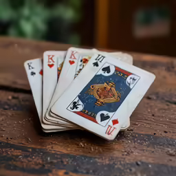 three playing cards that are laying down on the table