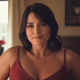 a beautiful young woman wearing a red dress sitting
