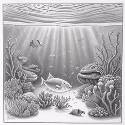 black and white drawing of a fish and corals,a drawing of corals, sea animals and bubbles,drawing of an underwater scene with fish and plants,drawing of a marine scene by person,a black and white drawing of fish and coral