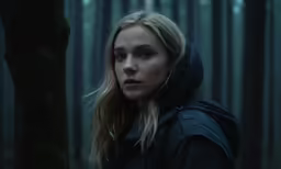 a woman in black standing near trees with dark lighting