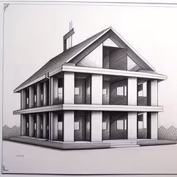 a drawing of a house with three levels and several rooms,a drawing of a house with large windows