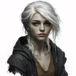 a female with a long white hair, wearing a brown top