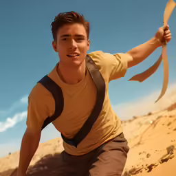 a male in a beige shirt is on a beach