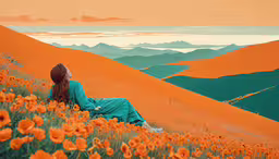 a girl sitting in the middle of a hill surrounded by flowers,a woman is sitting in the grass looking out at mountains and flowers