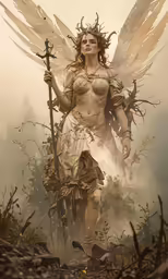 a woman with wings holding a pole with leaves on her shoulders