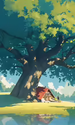 a painting of a home under a large tree by the water