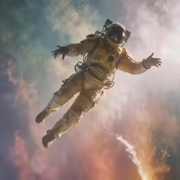 an astronaut in outer space is floating through the clouds