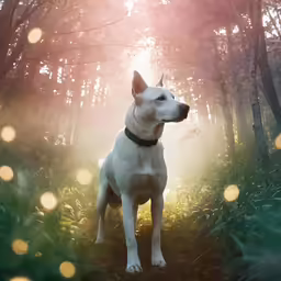 a white dog stands on a leaf covered path in the woods