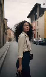 a girl holding a handbag on the street