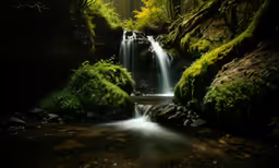 a waterfall is flowing through the woods