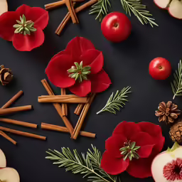 apples, cinnamon sticks, cinnamons and some fir twigs are on the table