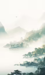 fog covers the lake and forest near a city