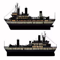 two black ships with white spots and some lights