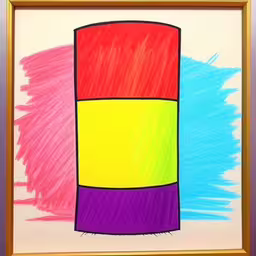 an artistic drawing of a colored vase,a drawing of a red and yellow cylinder,the drawing is painted with bright colors and the art work is finished on it,a drawing on a framed canvas, that has been drawn with colored pencil,a drawing of a colorful tube with some lines