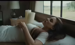 a beautiful woman laying in bed near a window