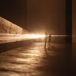two people in a courtyard at night walking away