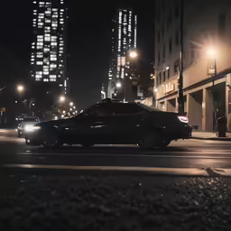 black car in street at night with street lights