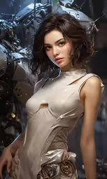 a young woman standing in front of a giant machine