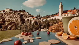 orange slices are set out on the blue table near a scenic town
