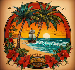 an art work with palm trees and a ship,a painting of a palm tree and ship at sea