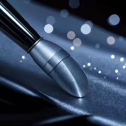 silver pen on shiny blue paper with a blurry background