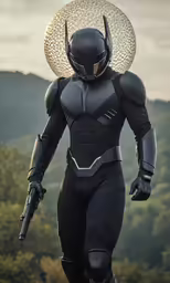 a man dressed in black is carrying an object