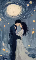 a man and woman kissing under the moonlight