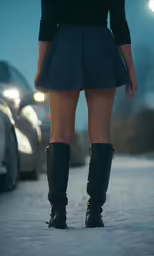 woman in black skirt and boots next to car