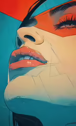 an illustration shows the face of a woman wearing bright orange and blue lipstick