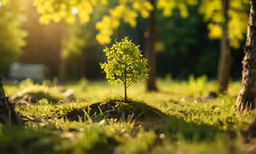 the small green tree is growing in the middle of the ground