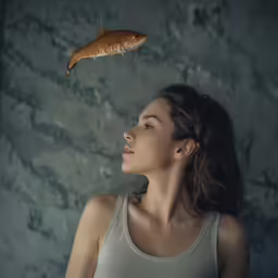 a young woman in gray tank top with fish hanging from the ceiling