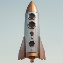 a very cute looking metal rocket that is flying