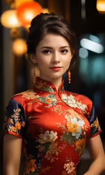 asian woman with floral patterned dress, wearing gold earrings