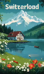 an illustration of a scenic country side showing a lake and a cottage