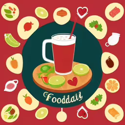 a beverage glass that has a straw in it,some type of fruit and drink on a wooden table,food is displayed with a red background,some vegetables and a glass of drink with the words, foodday,a beverage that has a spoon on it
