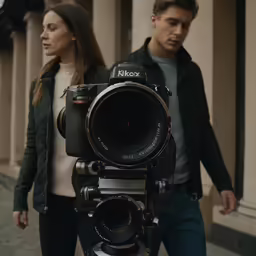 man and woman walking down the street past a camera