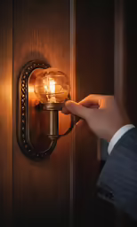 a hand holding a light bulb on a wooden door